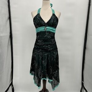 VTG Deb Y2K Asymmetrical Whimsigoth Halter Dress Sz L Fairy Sparkly Prom Empire